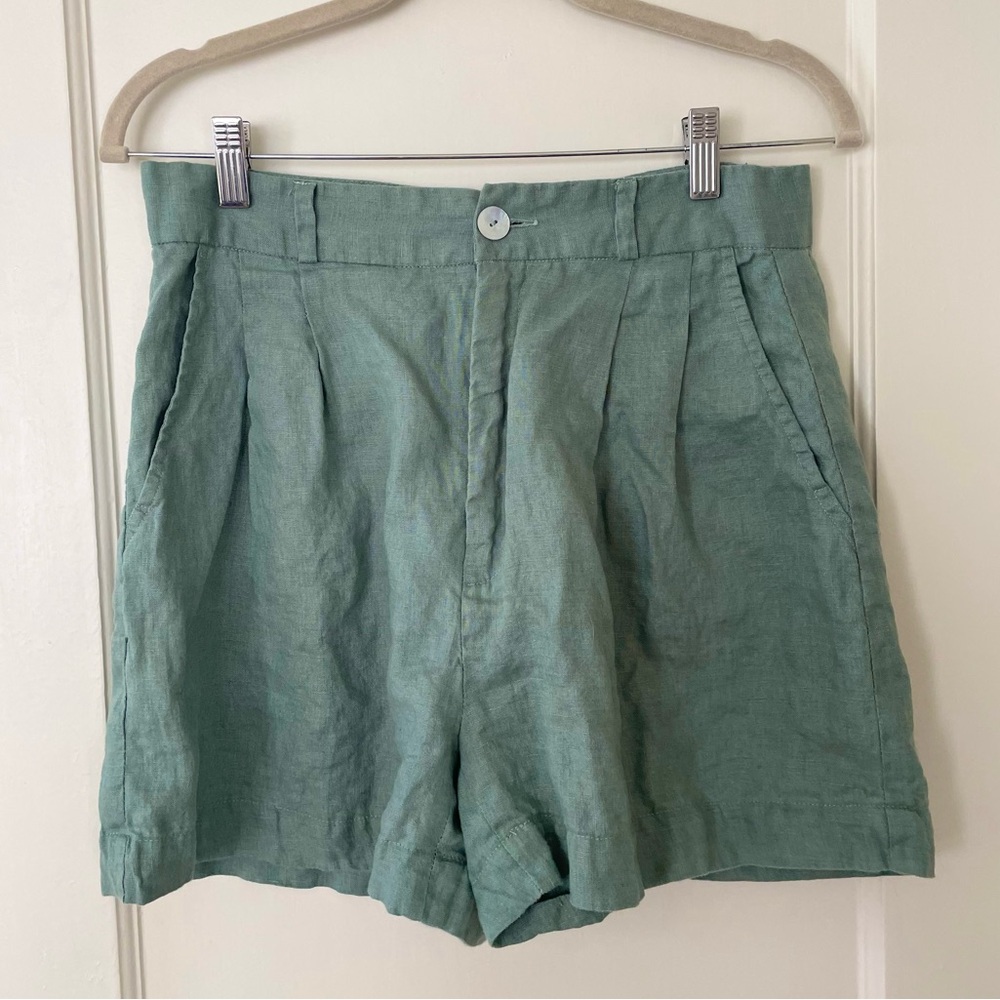 Mondo Bellissimo pleaded High Waist Green Women's Shorts 100% Linen